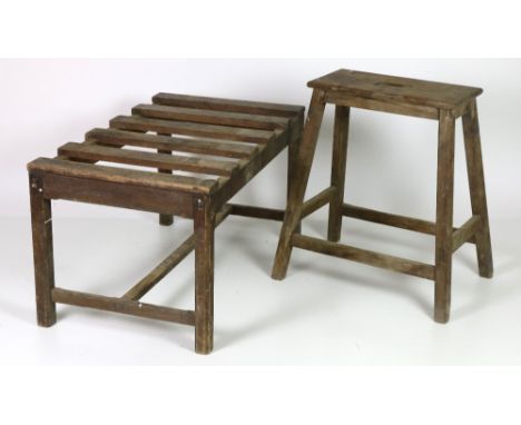 A large wooden Estate made Trunk Rest, together with a naive Estate Carpenter's High Stool. (2)