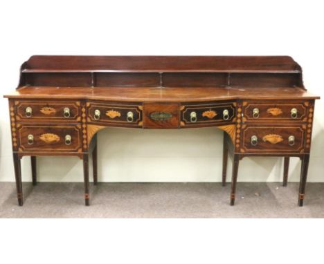 An attractive and fine quality large George III style inlaid Sideboard, the shaped shelf back over a satinwood banded large b