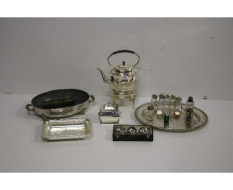 Silver &amp; Plateware: A collection of glass silver topped Bottles, a large oval silver plated Platter, a pair of Vegetable 