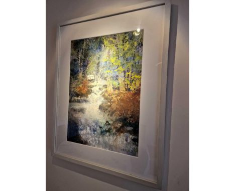 Maureen Davis Alpine Stream Mixed Media Signed Framed Art In White Wood Profile Frame 60 x 76cm Maureen Is A British Artist A