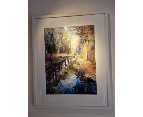 Maureen Davis Forest Stream Mixed Media Signed Framed Art In White Wood Profile Frame 64 x79cm Maureen Is A British Artist Af