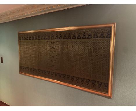 A Black And Gold Silk Tapestry With A Geometric Repeating Pattern In A Gold Painted Gilt Wood Frame 180 x 87 Cm (Asset No: 10