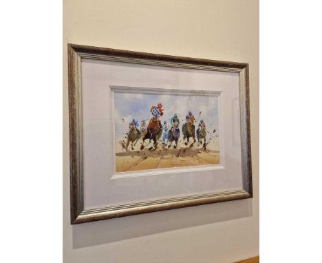 Jake Winkle British , B. 1964 Watercolour Titled At The Finish In Distressed Silver Wood Frame 77 x 64cm Jake Exhibits Widely