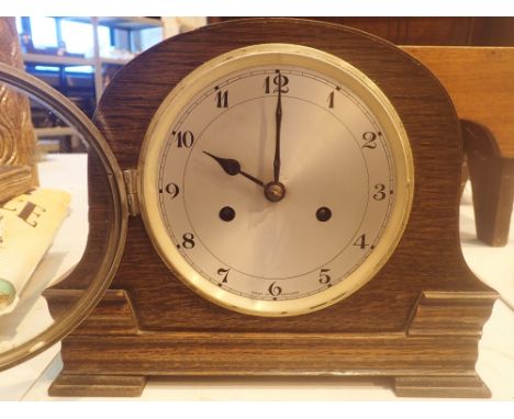 All British oak cased chiming mantel clock with key and pendulum