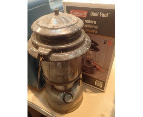 Two Coleman duel fuel lanterns single and double mantel one boxed