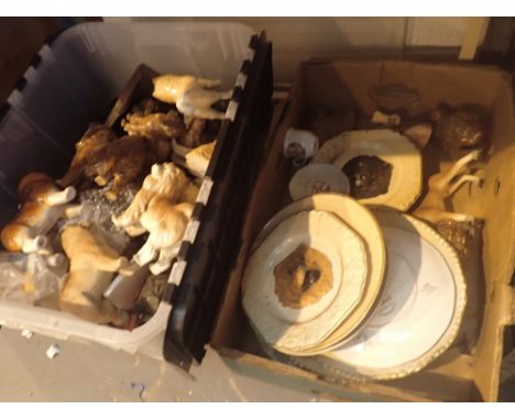 Two boxes of mixed items including ceramic dogs
