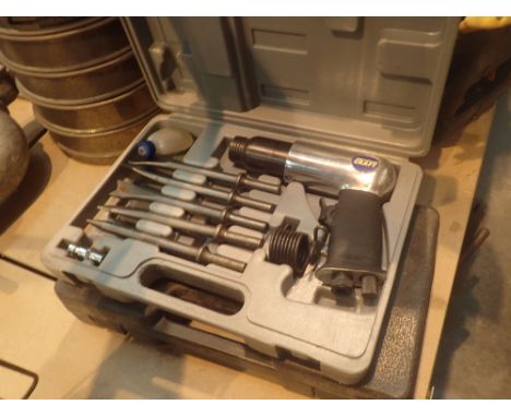 Two cased Power Craft air tools chisel and grease gun