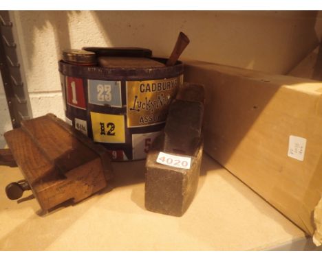 Vintage tins wallpaper and a selection of vintage tools