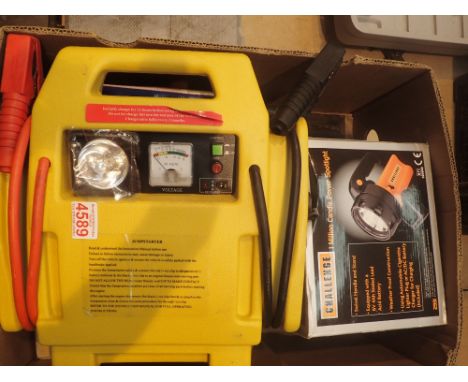 Quantity of mixed power tools jigsaw spotlight and a flat battery car starter pack