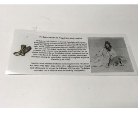 A WW2 style late arrivals club sand cast silver winged boot lapel badge. The Late Arrivals club was for members of the forces
