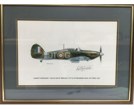A framed and glazed signed print of a Hawker Hurricane, signed by flying ace Wing Commander Robert R Stanford Tuck, approx 57