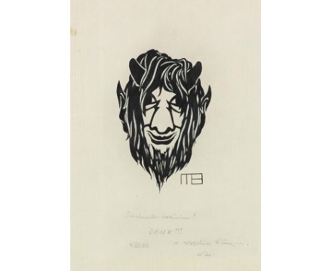 Marcus Behmer     Pan-, Satyr- oder Faunskopf. Orig.-Tuschezeichnung und schwacher blauer Farbstift. Monogrammiert und mit sp