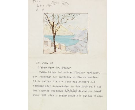 Hermann Hesse     Maschinenschriftlicher Brief mit Unterschrift und aquarellierter Orig.-Federzeichnung. Dabei: Porträtfotogr