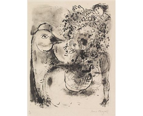 Marc Chagall     Bouquet sur le coq. Orig.-Lithographie. Signiert und numeriert. 1952. Auf Vélin d'Arches. 43 : 33 cm. Papier