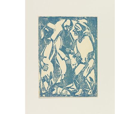 Christian Rohlfs     Beratung. Orig.-Farbholzschnitt in Türkisblau. In der Darstellung signiert. Im Stock kaum erkennbar mono