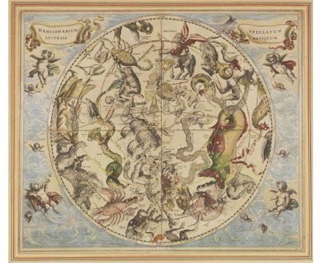 Andreas Cellarius     Haemisphaerium stellatum australe antiquum. Kolorierter Kupferstich mit etw. Goldhöhung aus Harmonia ma