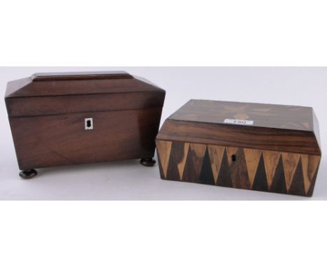 A 19th century mahogany sarcophagus tea caddy,and a 19th century specimen wood parquetry inlaid box, (2).