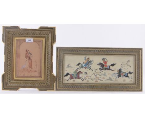 Portrait of a girl with a crane in Kashmiri frame,height 13.25" overall and a painted hunting scene, framed, (2).