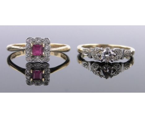 An 18ct square-cut ruby and diamond ring,and an 18ct solitaire diamond ring, (2).