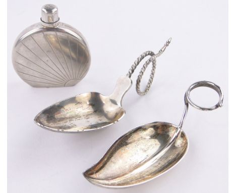 2 Continental silver caddy spoons,and a continental silver sunburst design scent bottle, (3).