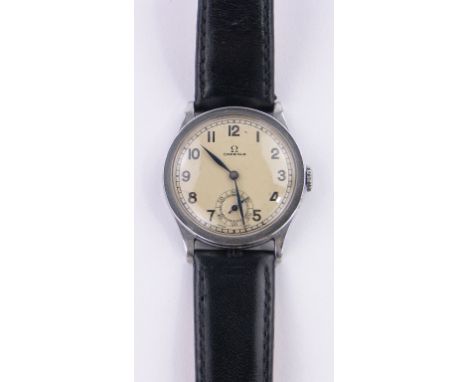 A gent's Vintage Omega wristwatch circa 1950s,stainless steel cased with secondary dial, case width 33mm, working order.