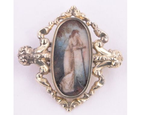 A 19th century unmarked gold brooch,with inset miniature watercolour portrait on ivory, height 35mm.