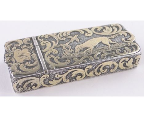 A 19th century continental unmarked white metal combination vesta/snuff box,with applied yellow metal hunting hound and acant