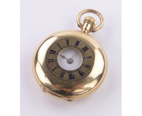 An Omega Swiss 18ct gold cased miniature half hunter pocket watch circa 1900,topwind movement with blue enamel numerals to th