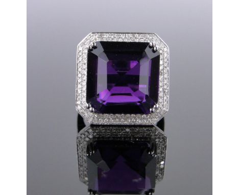 A large 14ct white gold amethyst and diamond ring,square-cut amethyst approx. 13cts, total diamond content approx. 0.5cts, se