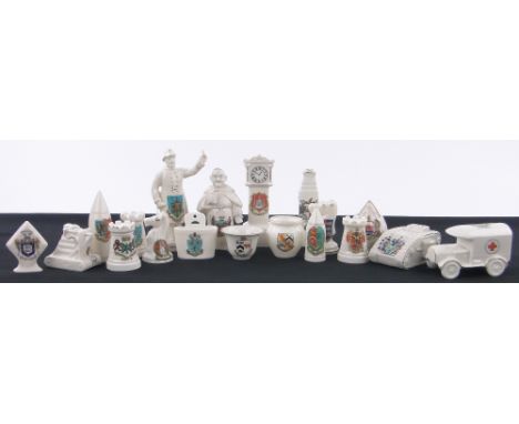 A Collection of Crested china,including First War tank, ambulance, folding camera and a collection of pillar boxes.