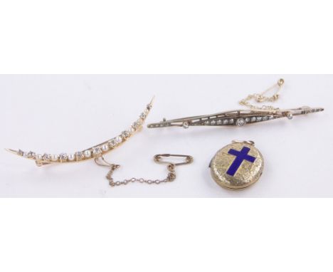 2 diamond set gold brooches,and an unmarked gold and enamel locket, (3).