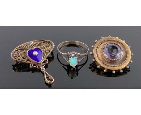 A 14ct gold enamel and pearl filigree brooch,width 28mm, another 14ct gold amethyst set brooch and an opal set ring, (3).