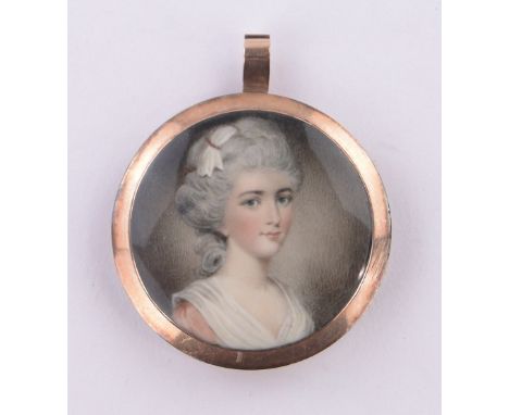 A 19th century unmarked gold memorial brooch,with inset painted watercolour on ivory, portrait of a young woman, with hair pa