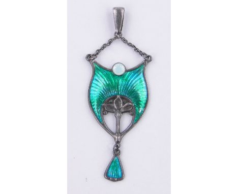 An Art Nouveau silver and peacock enamel pendant by Charles Horner,hallmarks Chester 1912, length incl. bale 55mm.