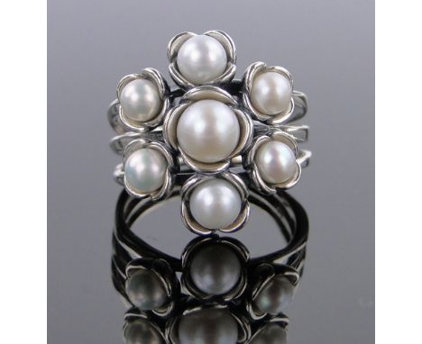 A large Pandora silver and cultured pearl cluster ring,setting height 20mm, size R.