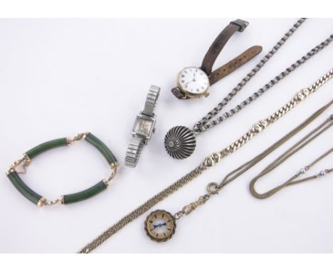 Box of various jewellery,including a Chinese jade and gold bracelet, gold compass fob, wristwatches, etc.