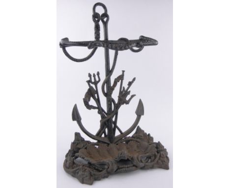 A Victorian cast-iron stick stand,with anchor rope and trident designs, original removable tray, height 29", base length 20".