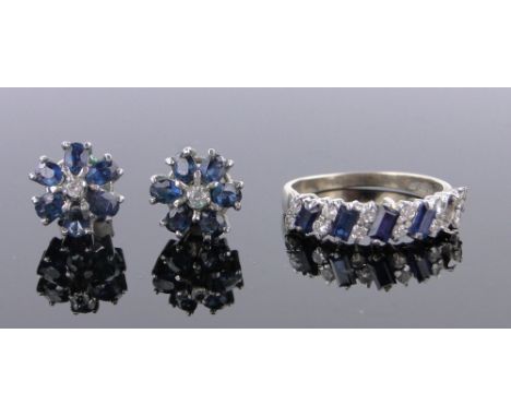 18ct white gold sapphire and diamond half hoop ring,lacking 1 sapphire and a pair of sapphire and diamond cluster earrings.