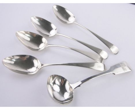 4 George III silver tablespoons,and a Victorian silver sauce ladle, gross weight 7.5 oz, (5).