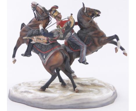 A Michael Sutty porcelain group,depicting Captain Kelly, First Life Guards engaging the Colonel of the French Cuirassiers, Wa
