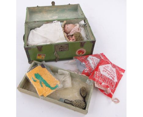 An Armand Marseille baby doll with porcelain head,8.5", a Heubach doll, dolls clothes, etc., in a small Vintage trunk.