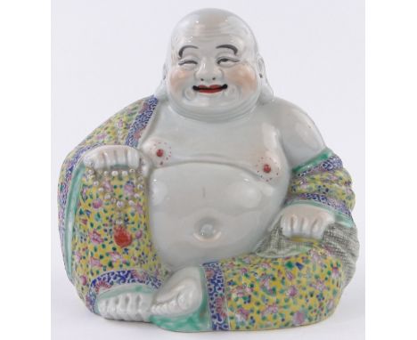 A Chinese porcelain seated Buddha,with painted floral enamel robe, impressed seal mark under, height 10.5", width 10".