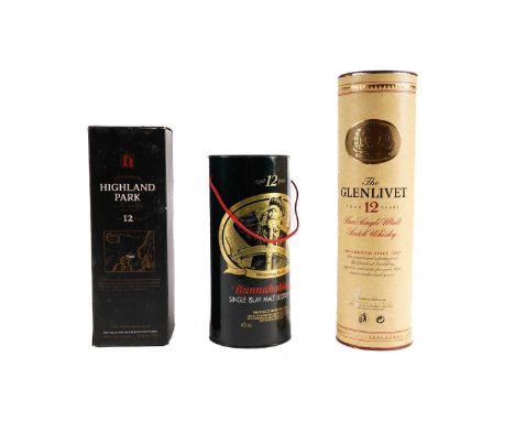 Three bottles of 12 year old single malt Scotch whisky, comprising: Bunnahabhain, Highland Park and The Glenlivet, all boxed 