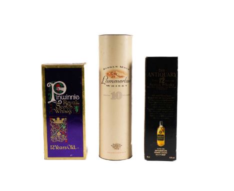Three bottles of whisky, comprising: Lammerlaw single malt whisky 10 years old; The Antiquary Scotch whisky 12 years old; and