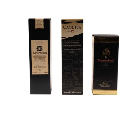 Three bottles of 12-year-old single malt Scotch whisky: Caol Ila Islay; Linkwood Speyside; and Bunnahabhain Islay, all 70cl a