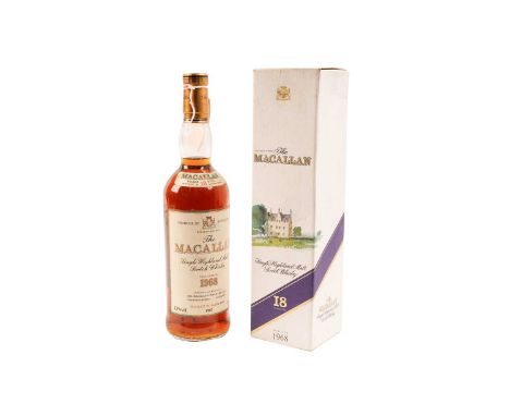 A bottle of The Macallan Single Highland Malt Scotch Whisky, 18 years old, distilled in 1968, bottled in 1987, 75cl, in box.