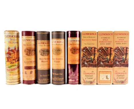Eight bottles of Glenmorangie single malt Scotch whisky, 10 years old, in tins and tubes. 