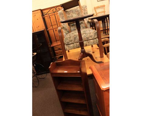 Slim mahogany open bookcase, 19th Century circular tripod occasional table, mahogany occasional table and open armchair (4)