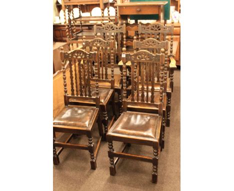 Set of six 1920's oak bobbin leg dining chairs