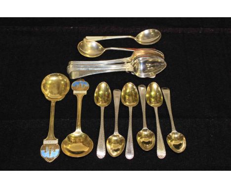 Two pairs of Norwegian silver and enamel spoons, set of six Hester Bateman silver teaspoons and a set of sox Eleg & Fearn sil